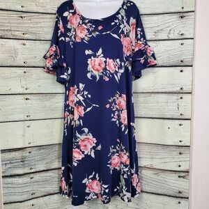 Nemidor Plus Size Floral Dress 2X Navy Pink Ruffle Sleeve Casual Swing NWT